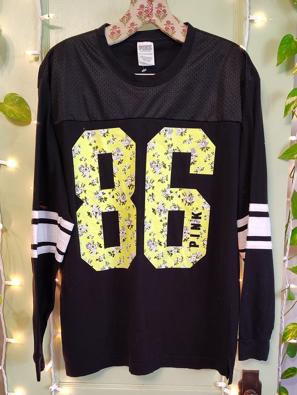 Women's PINK 86 Mesh Cotton Long Sleeve Black Lime Jersey Polo Hem T-shirt XS